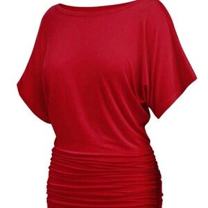 Red Dolman Ruched Waist Women's Top